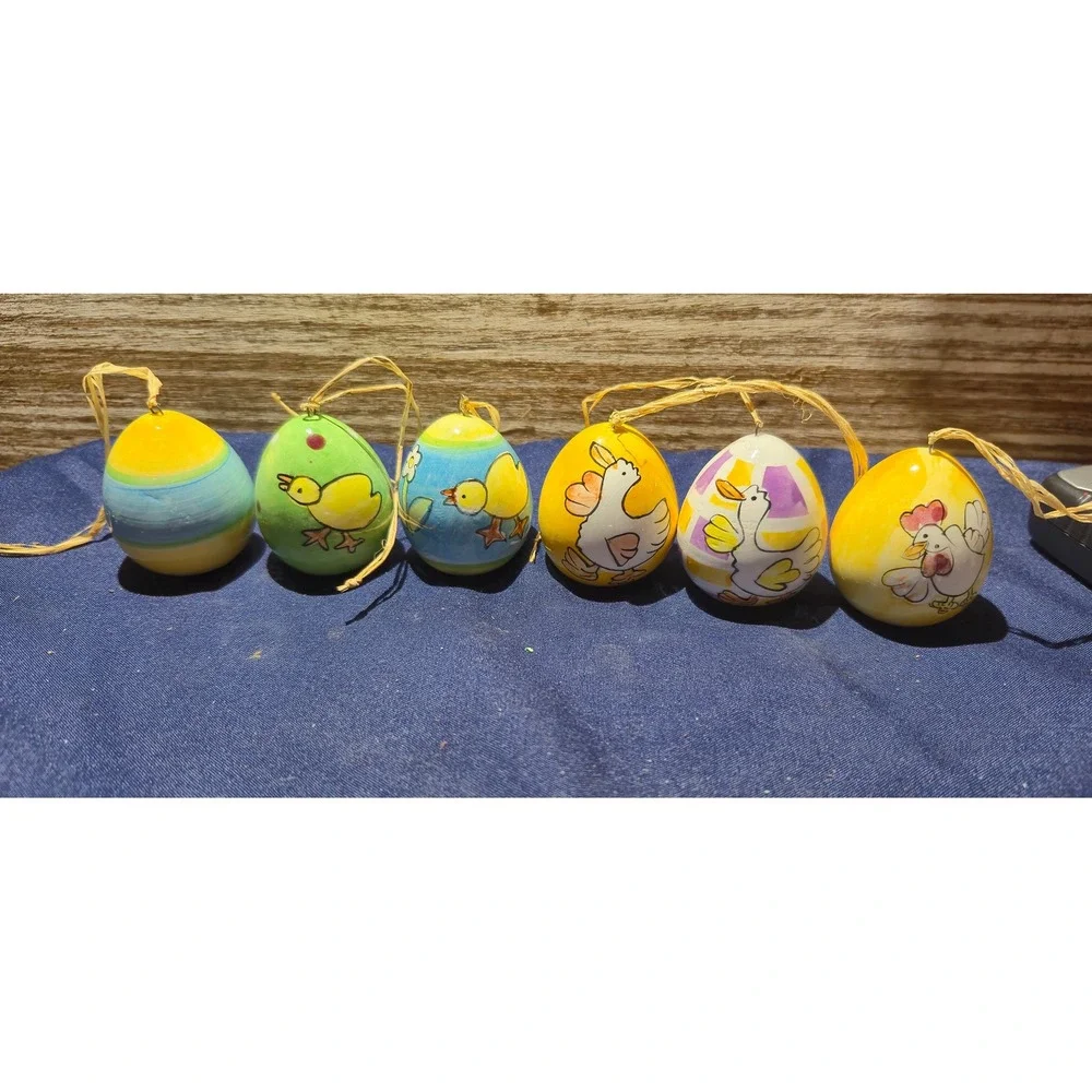 6pc Hand Painted Porcelain‎ Hollow Easter Eggs Farm Animals Chicks Ducks Raffia